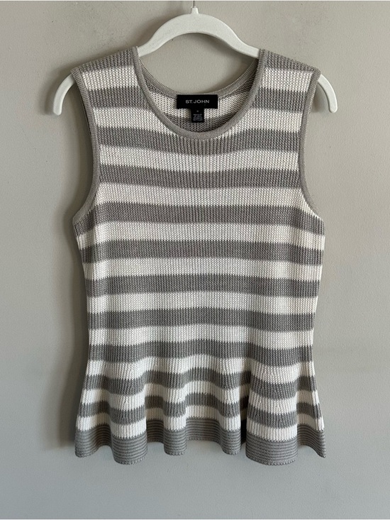 St. John Tops - St. John Striped Knit Peplum Top Limestone Grey White Sleeveless Tank Wool M